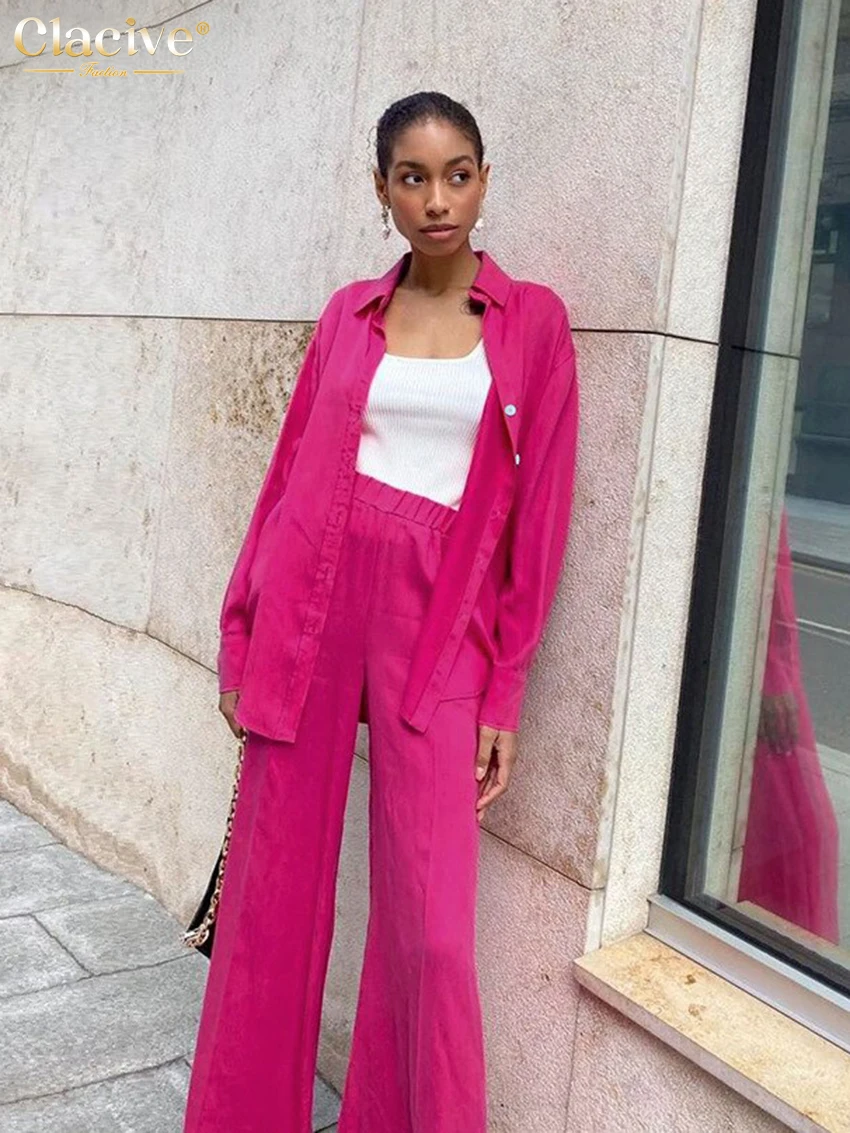 Clacive Autumn Casual Pink Women Sets Fashion Long Sleeve Blouse Shirts High Waist Pants Two Piece Set Wide Leg Trousers Suit