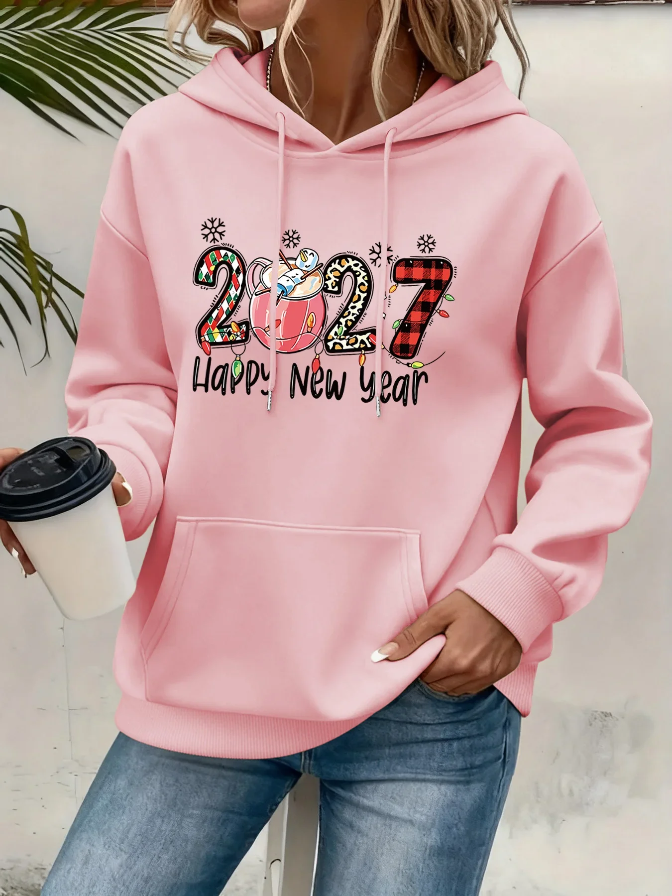 Unisex Happy New Year 2027 Graphic Hoodie Snowman Plaid Printed White Sweatshirt Casual Hooded Pullover Tops