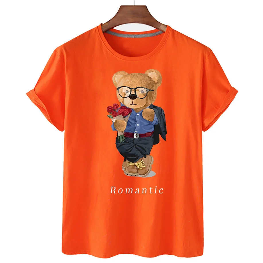 100% Cotton Romantic Bear Print T-shirt Women's Summer Short Sleeve T-shirt 2022 Women's Fashion Shirt Unisex O-neck T-shirt