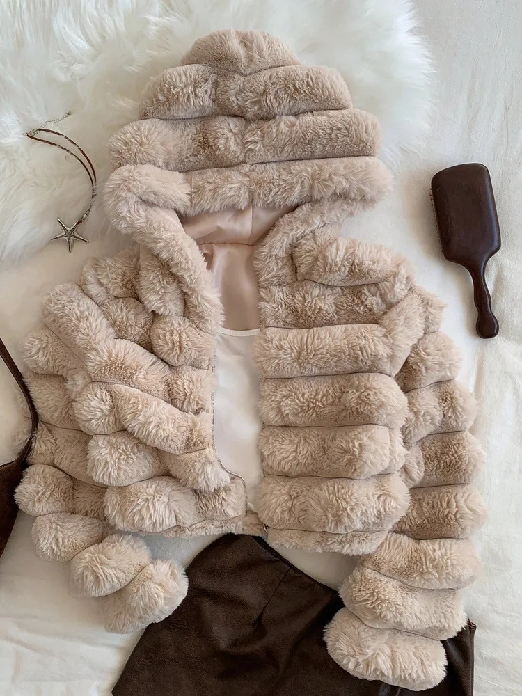 Soft Cozy Plush Faux Rabbit Fur Hooded Coat for Women Horizontal Cropped Padded Jacket Women Winter Casual Zipper Warm Outerwear