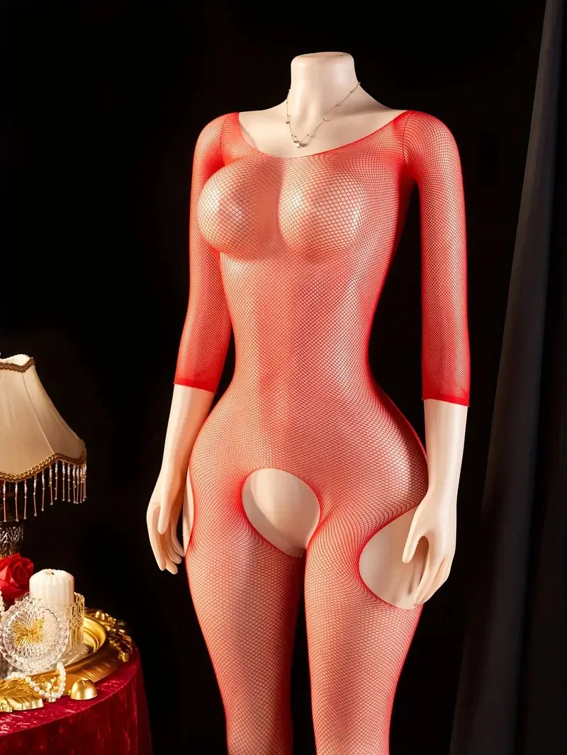 Artı boyutu file tayt erotik Crotchless iç çamaşırı kadın Slash boyun tam vücut çorap örgü şeffaf çorap seksi külotlu