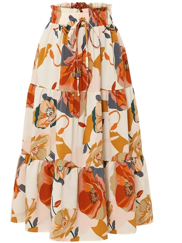 

High Waist Printed A-Line Skirt Women's Polyester Fabric Belted Skirt Summer 2025 Faion Trend European Sle