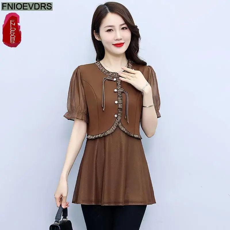 L-5XL Loose Clothes 2024 Summer Retro Button Tops Short Sleeve Women Tunic Office Lady Patchwork Ruffles Peplum Shirts Blouses