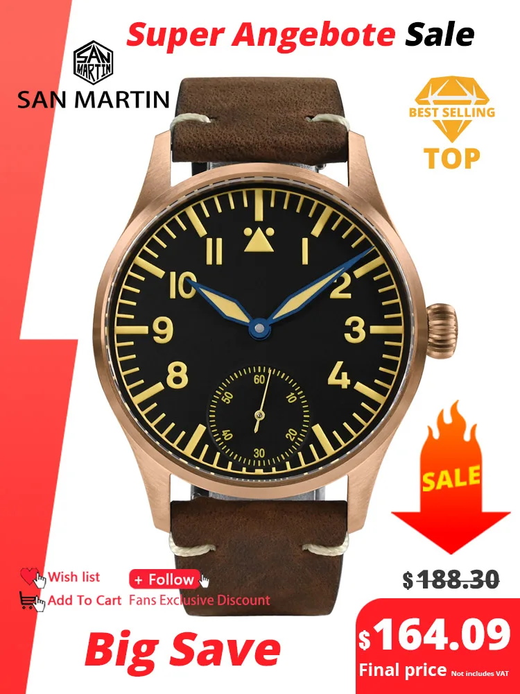 

San Martin 41mm Cusn8 Bronze Pilot Watch NH35 Automatic Mechanical Men Watches Military Simple Sapphire 10Bar Leather Relojes