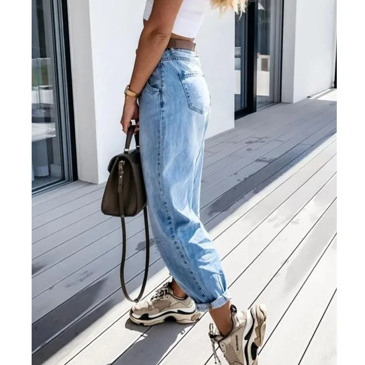 Bleached Distressed Jeans Washed Denim Straight Pants Women Ankle Length Jean Loose Solid High Waist Pockets Basics 2024