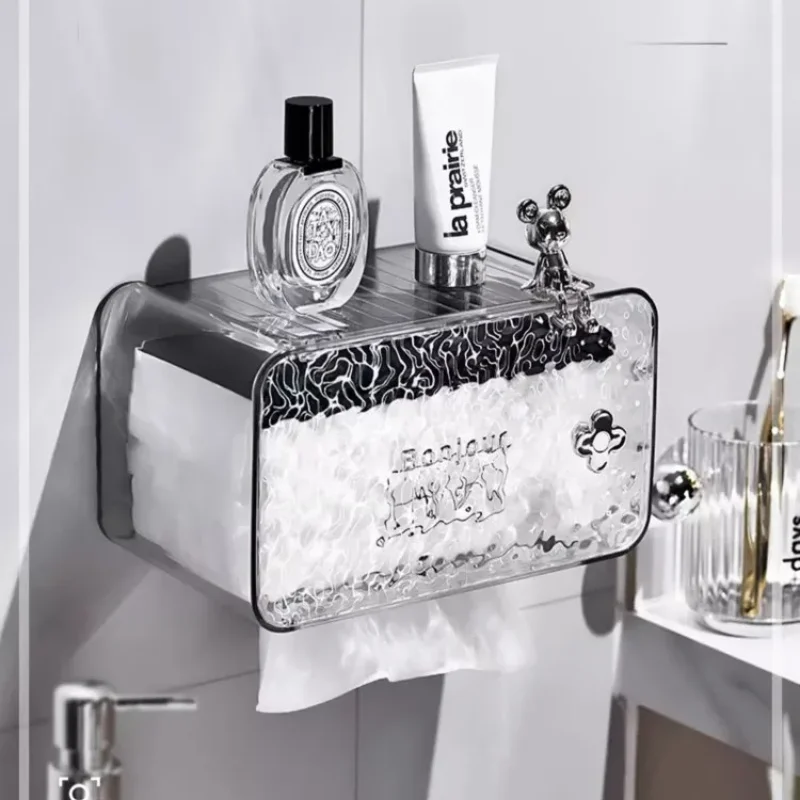 

Bathroom Wall-Mounted Tissue Box Clear Glacier Texture Two Wipe Slots Detachable Roll Shaft Snap Backing Adhesive Punch Free