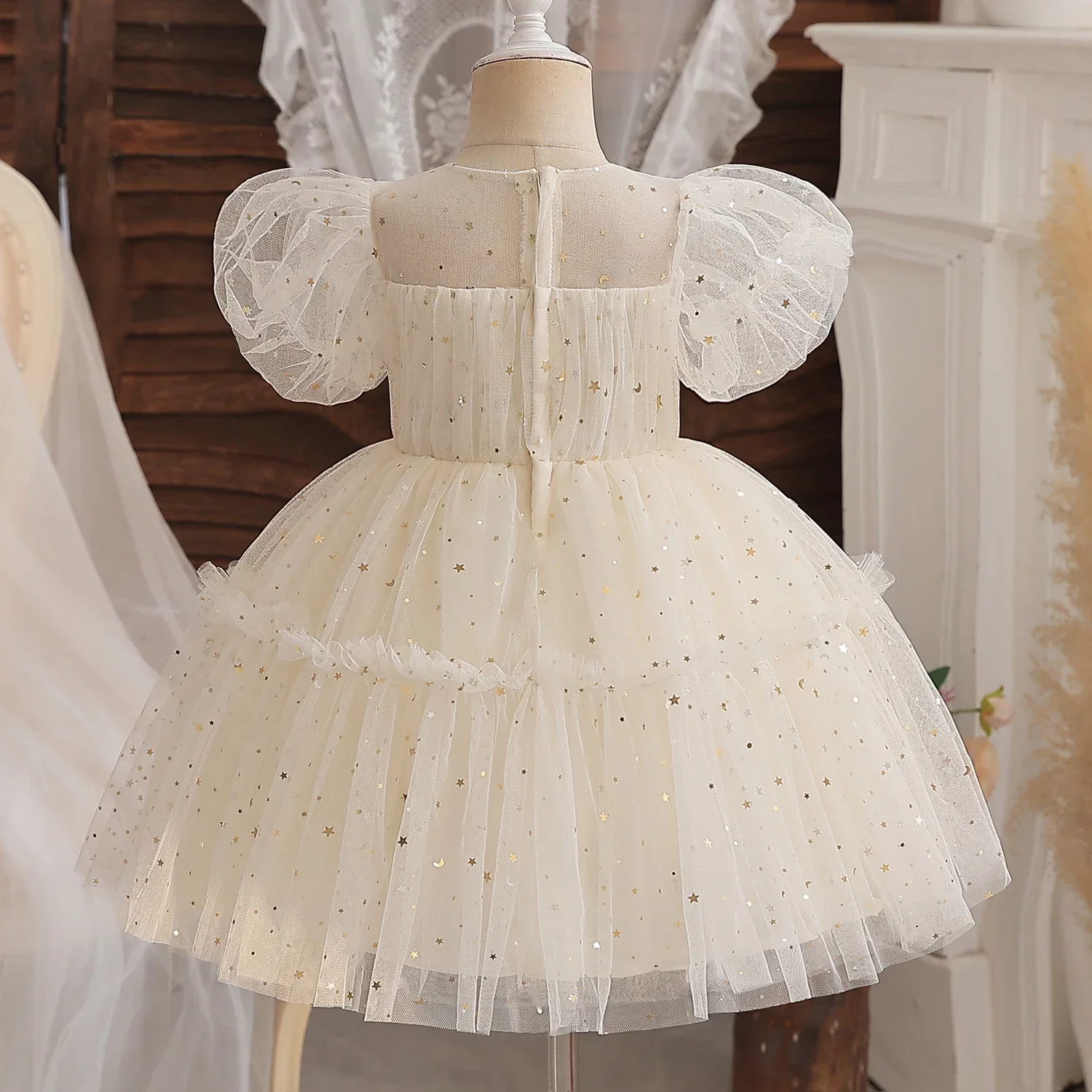 Baby Champagne Baptism Dress Cute Girl Sequin Puff Sleeve Fairy Ball Gown Newborn 1 Year Birthday Outfit Kids Formal Party Gown