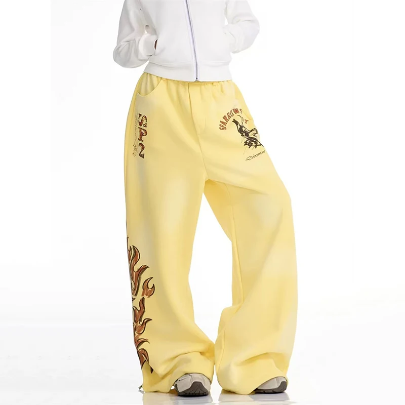 Y2K-pantalones de pierna ancha con estampado de llama para mujer, ropa de calle americana, pantalones informales sueltos, Pantalones rectos que combinan con todo de Hip Hop, Otoño e Invierno
