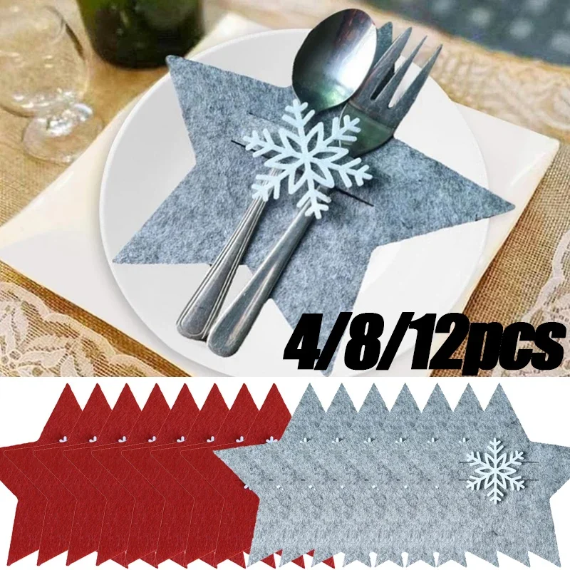 4/12pcs Christmas Cutlery Holder Knife Fork Sppon Pocket Bag Stars Tableware Cover New Year Xmas Party Dinner Table Decoration