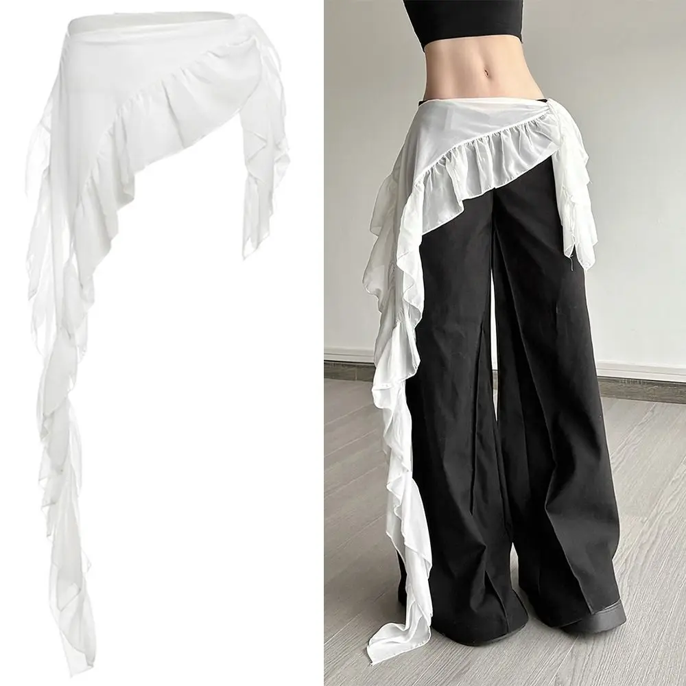 Celana Jeans Dekorasi Rok Mini Renda Tidak Beraturan Rok Ruched Harajuku Tembus Pandang Rok Ruffles Berenda Pinggang Tinggi Desain Bertali