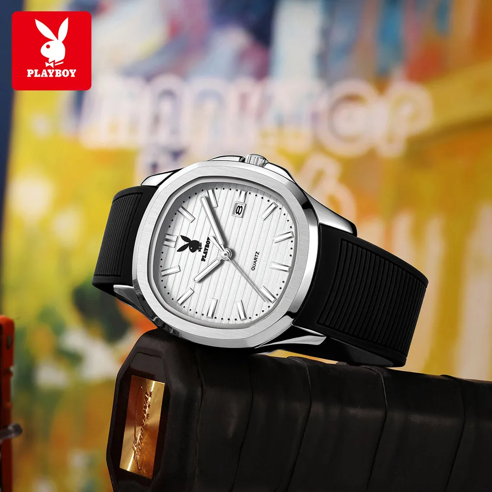 PLAYBOY 3149 Quartz Watch Fashion Brand Luminous Function Calendar Date Window 30M Waterproof Silicone Strap Watch For Men
