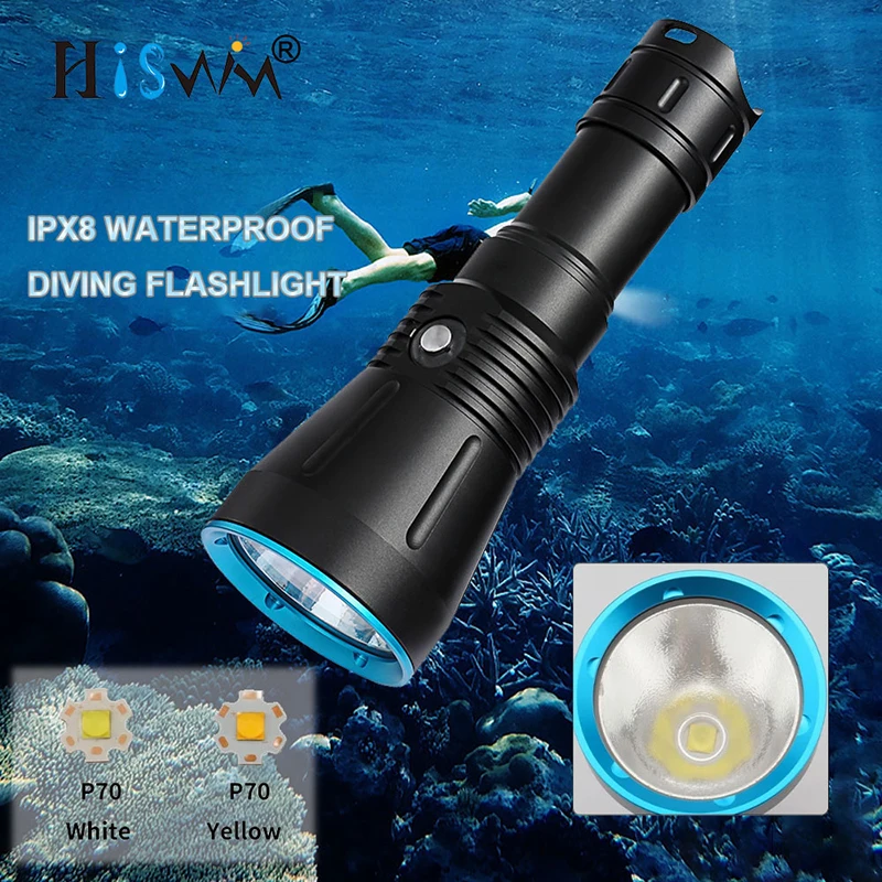 

HISWN DV16A Professional diving flashlight with yellow light IPX8 waterproof, replaceable 18650/26650 battery scuba diving
