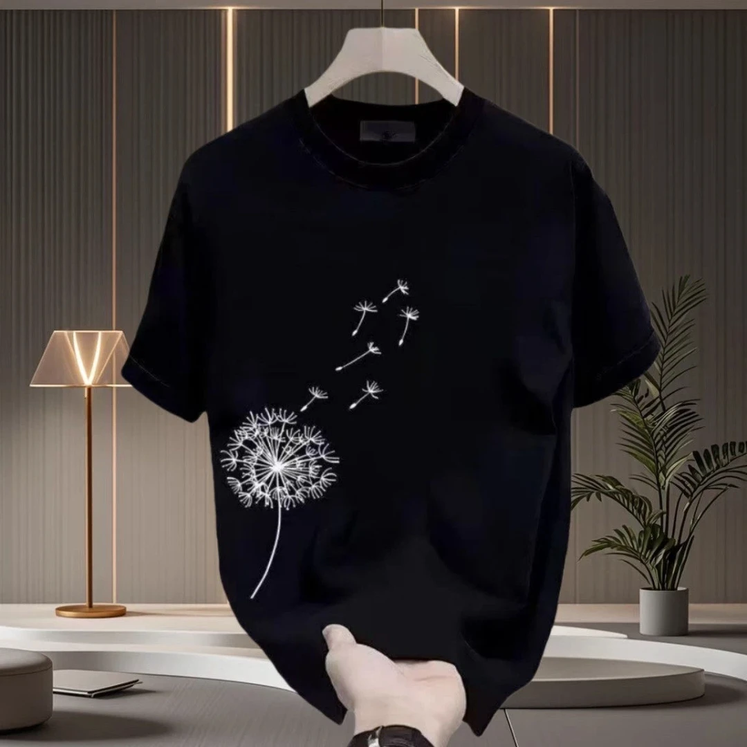 Black Men's Casual Round Neck Short Sleeve T-Shirt with Dandelion Print Design for Daily Wear Summer Comfort Top