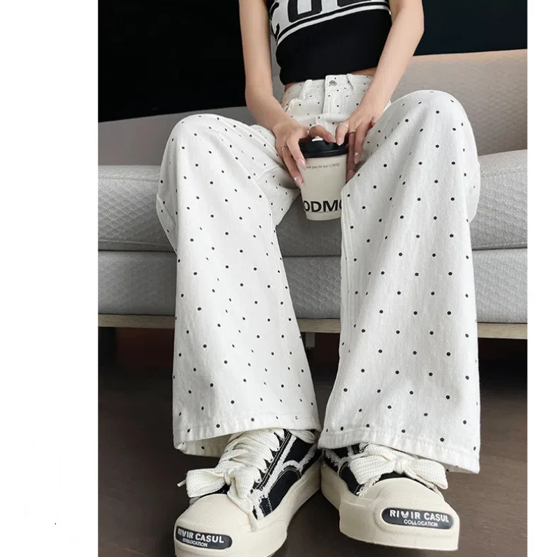 2024 Summer New Fashion Casual Women's High-waisted Button Zipper Polka Dot Printed Pockets Loose Straight Denim Wide Leg Pants