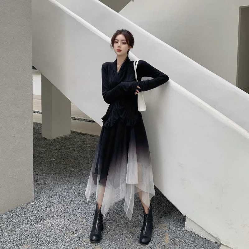 Elegant Asymmetric High Waist Midi Skirt Women\'s Spring Autumn Net Gown Commute Korean Style Rabbit Fur Blend Other Material