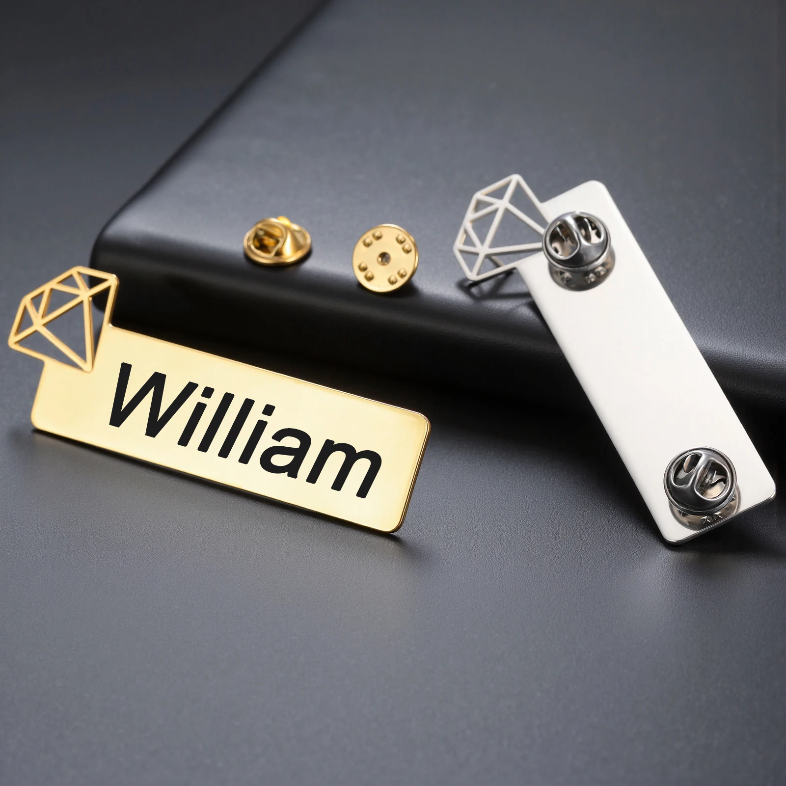 Personalized Name Brooch Custom Diamond Shape Rectangle Badge Pin Engraved Logo Text ID Stainless Steel Jewelry Christmas Gifts