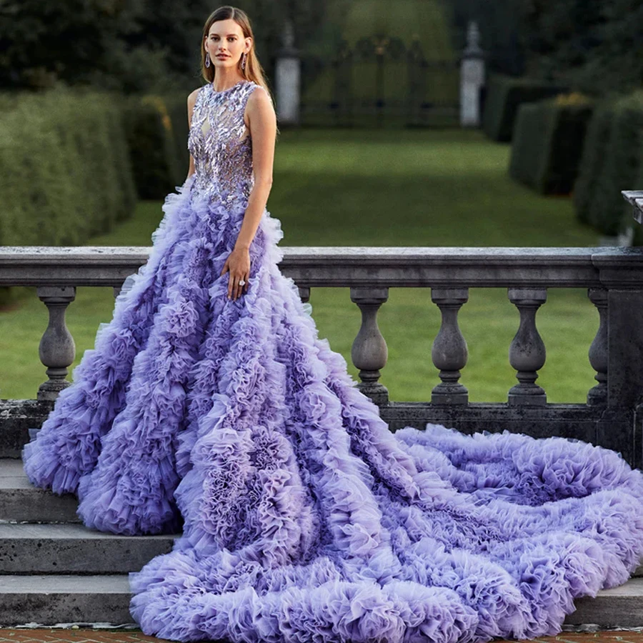 

Astonishing Very Long And Full Volume Tulle Tulle Colored Wedding Gowns In Lavender Shiny Sequined Lace Tiered Long Formal Dress