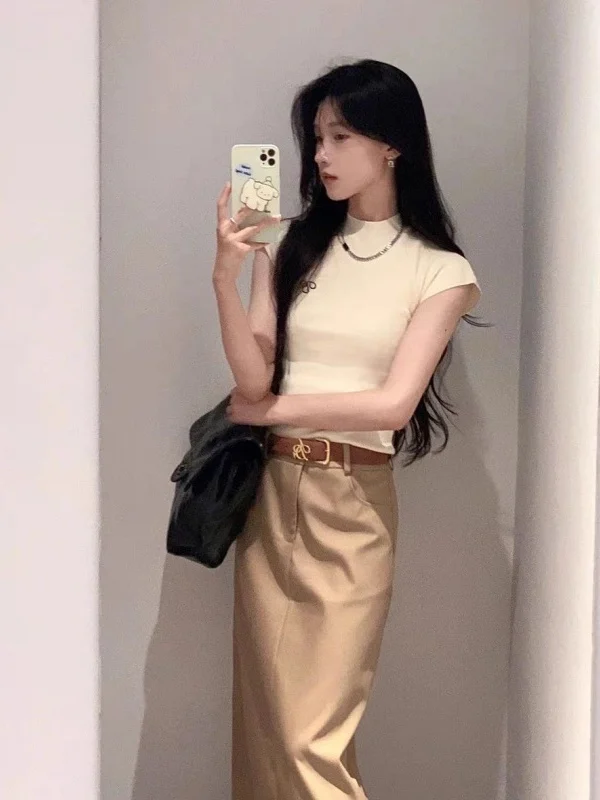 

Light Maturity Style Half-Sleeve T-Shirt And Skirt Set Summer Pure Desire Shoulder-Length Two-Piece Set Slim-Fit Fashion Ense...