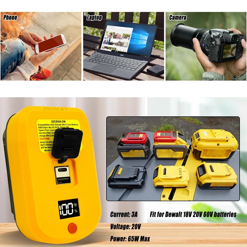 

Для Dewalt 18 В USB-адаптер зарядного устройства 20 В 60 В Аккумулятор 60 Вт Быстрое зарядное устройство Адаптер аккумулятора Портативная станция питания USB Type-C