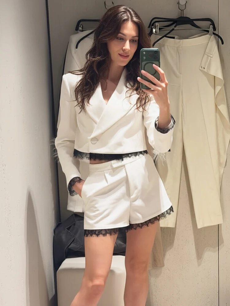 

Women's Shorts Sets White Blazer Women's Jacket And Lace Shorts Suit Summer Women's Suit Elegant Female Sets Formal Womens Wear