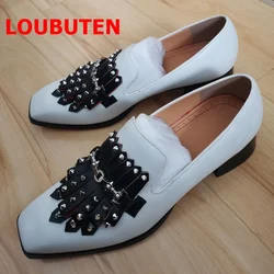 LOUBUTEN Genuine Leather White Shoes Men Tassel Loafers With Rivets Fashion Red Bottom Dress Shoes Party And Wedding Shoes