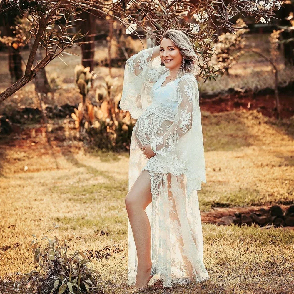 

Off White Boho Lace Maternity Photoshoot Dress V-neck Full Sleeve Bohemian Pregnant Woman Long Dress For Photography