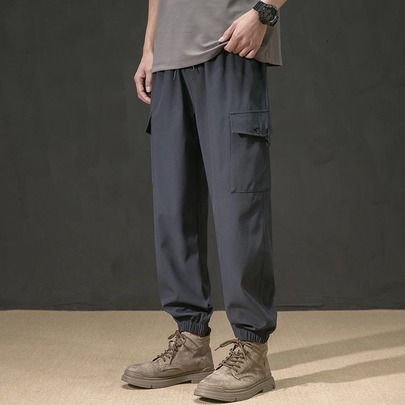 

Spring Autumn Men's Clothing Solid Color Elastic High Waist Pockets Casual Drawstring Bloomers Cargo Trousers Vintage Pants