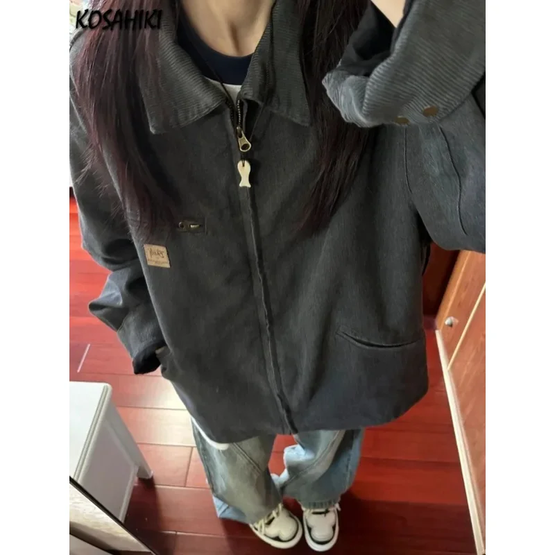 Streetwear vintage solid pockets grunge coats women loose Y2K aesthetic zipper hiphop jacket casual Harajuku oversized jackets