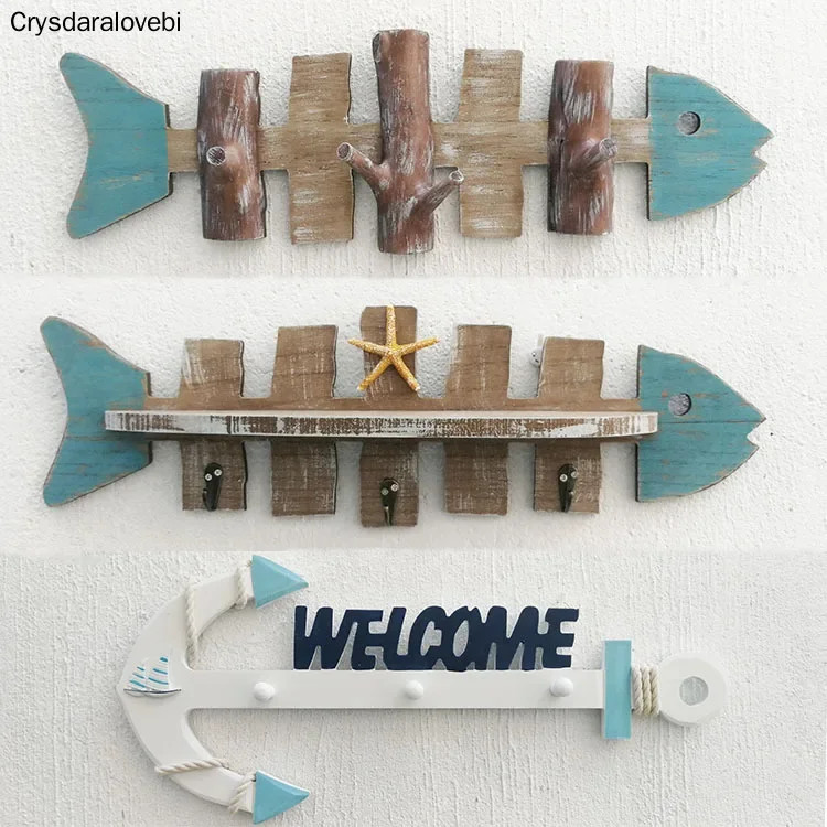 Porch Wood Wall Hanging Decorative Hook Coat Cap Hanging Key hooks Hanging Fish Bones Iron Anchor Coat Hanging Home Decoration