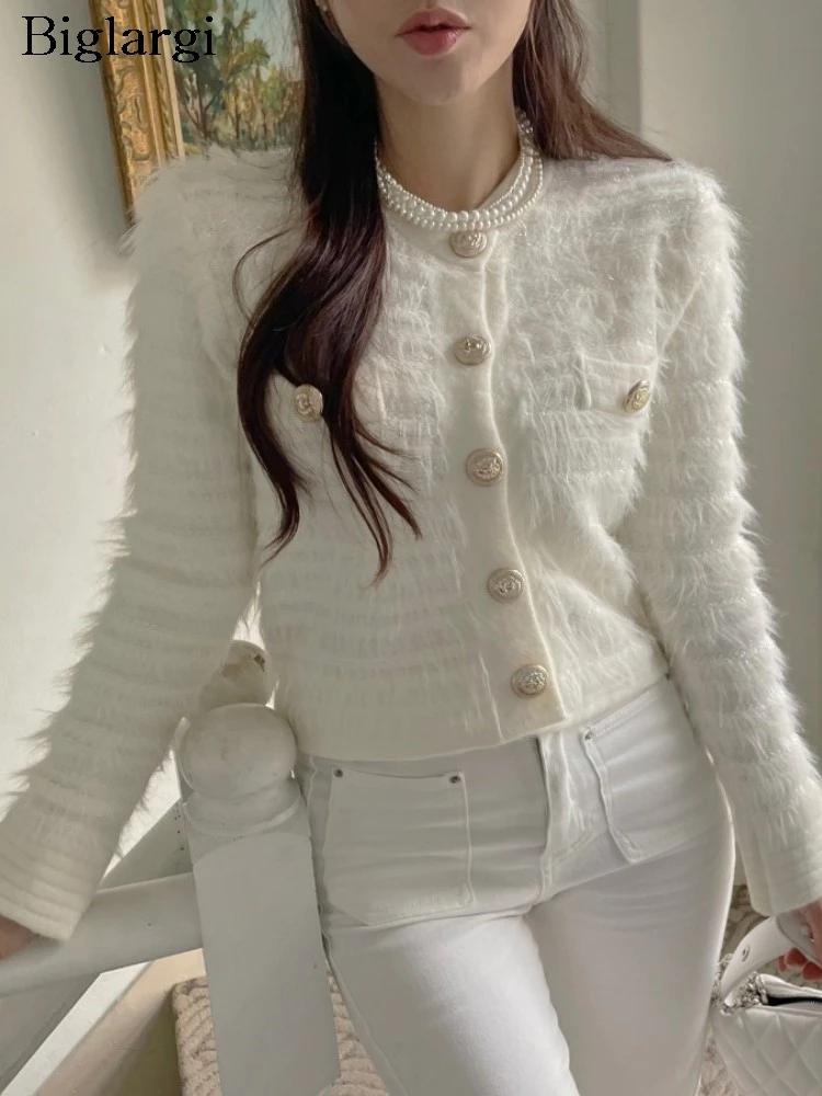 

Осеннее вязаное меховое пальто, женские элегантные модные жемчужные женские укороченные кардиганы, женские свитера в корейском стиле, пальто