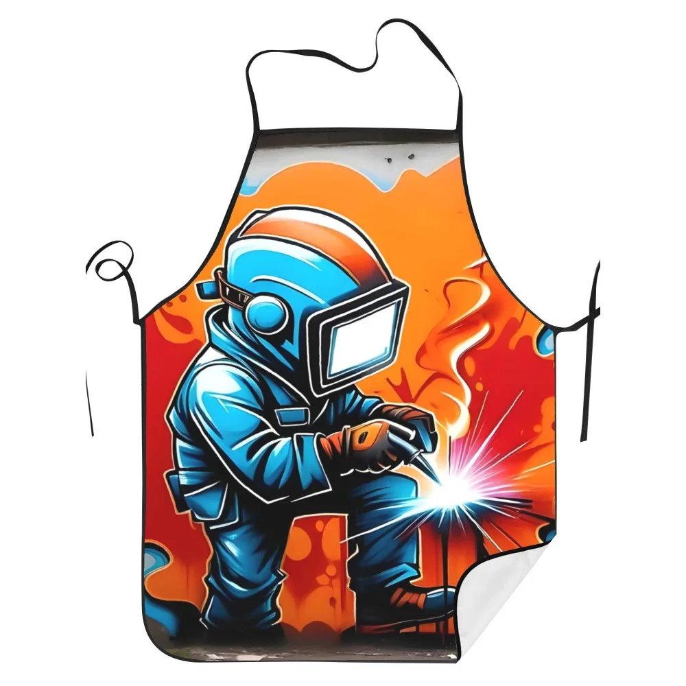 Welder Cartoon Kitchen Apron - Cool Welding Worker Graphic Linen Bib for Men Women BBQ Cooking Baking Father's Day Gift Decor