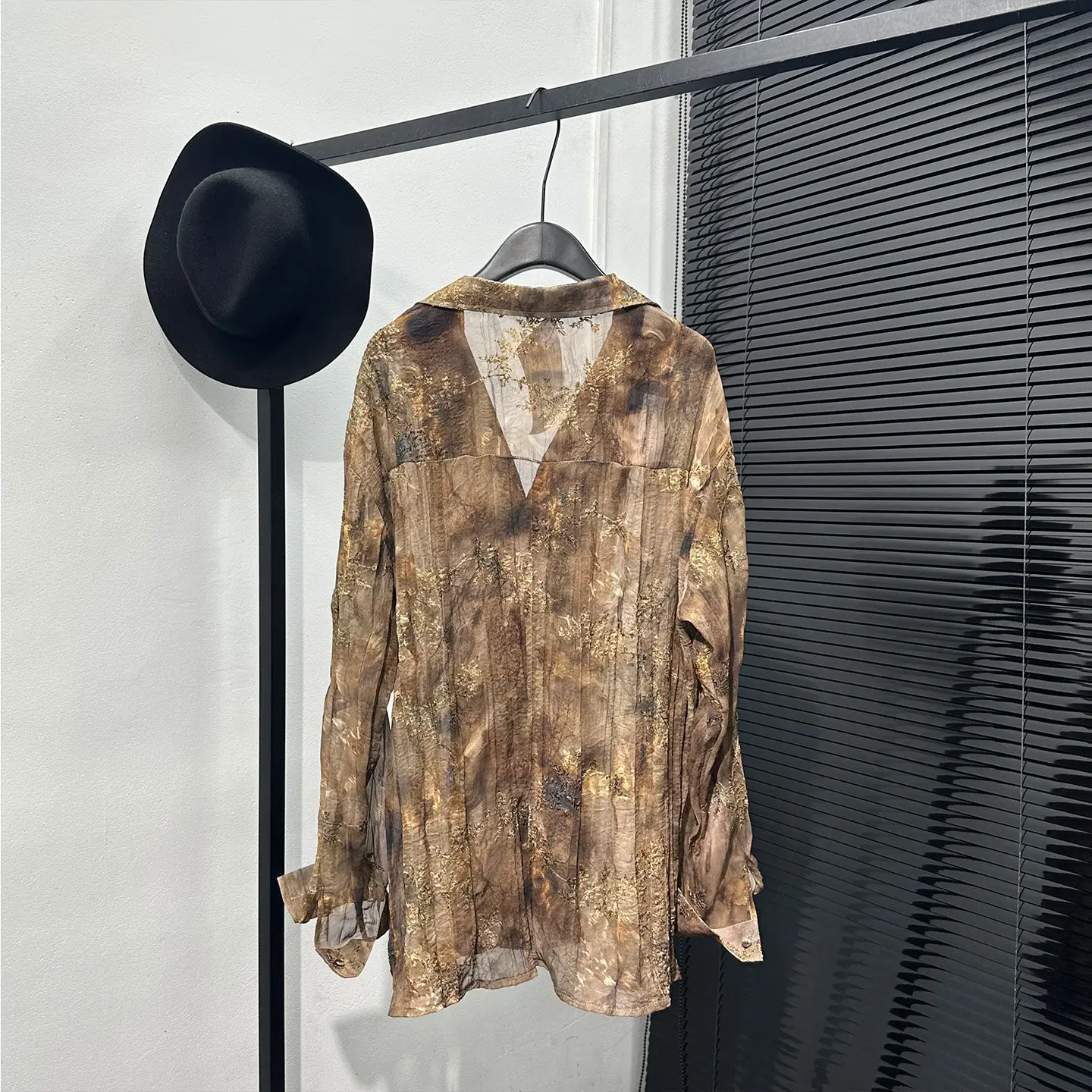 Fashionable Retro Antique Pleated Shirt Men's Long-Sleeved Printed Loose High-End Sense Avant-Garde Design Blouse