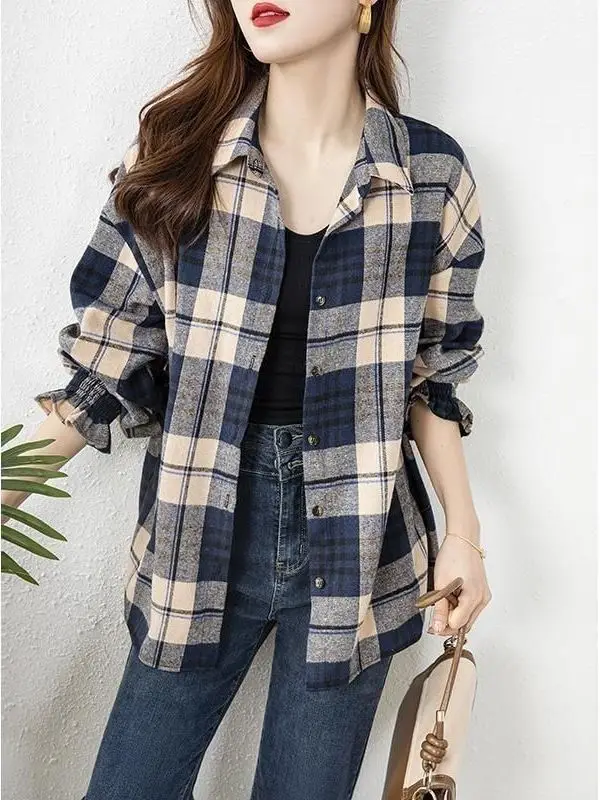 Retro Versatile Long Sleeve Plaid Flannel Shirt Women Loose Mid-Length Thin Casual Top Coat Korean Style Breathable Sunscreen