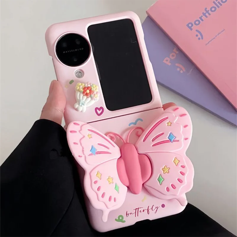 Coque de téléphone avec support papillon 3D, étui rigide en PC pour Oppo Find N3 Flip/Oppo Find N2 Flip, coque de protection rose pour fille, dessin animé