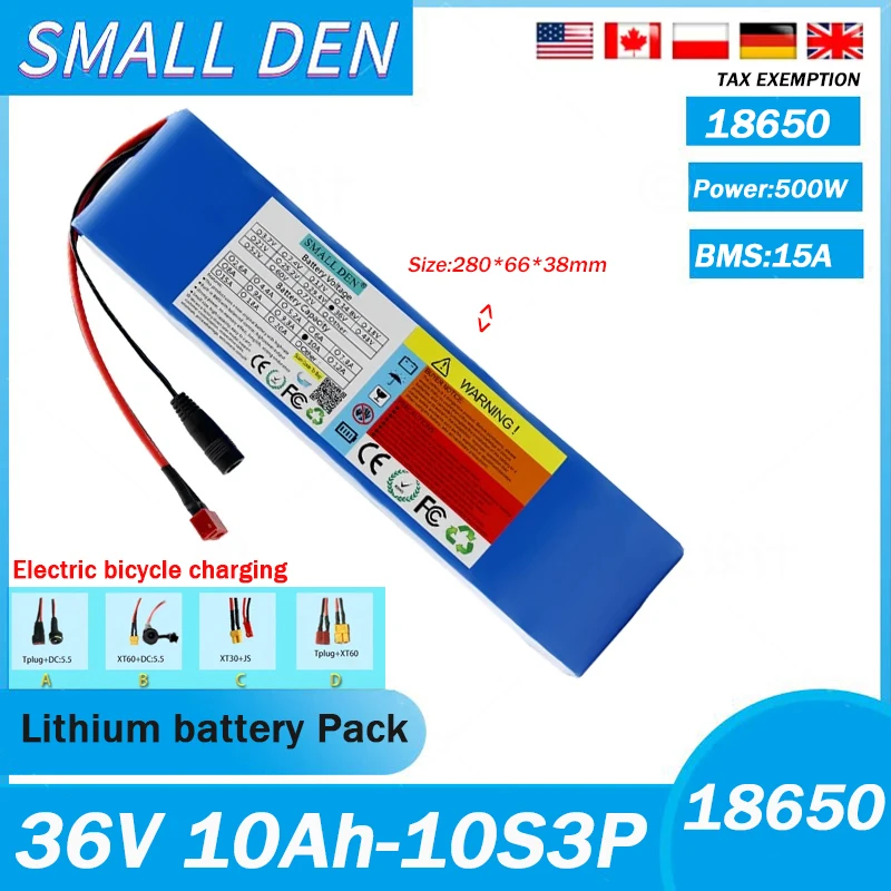 36V 10Ah 18650 Lithium Battery Pack 10S3P 500W High-Power 42V Self Installed with Built-in 15A BMS plus 2A Charger