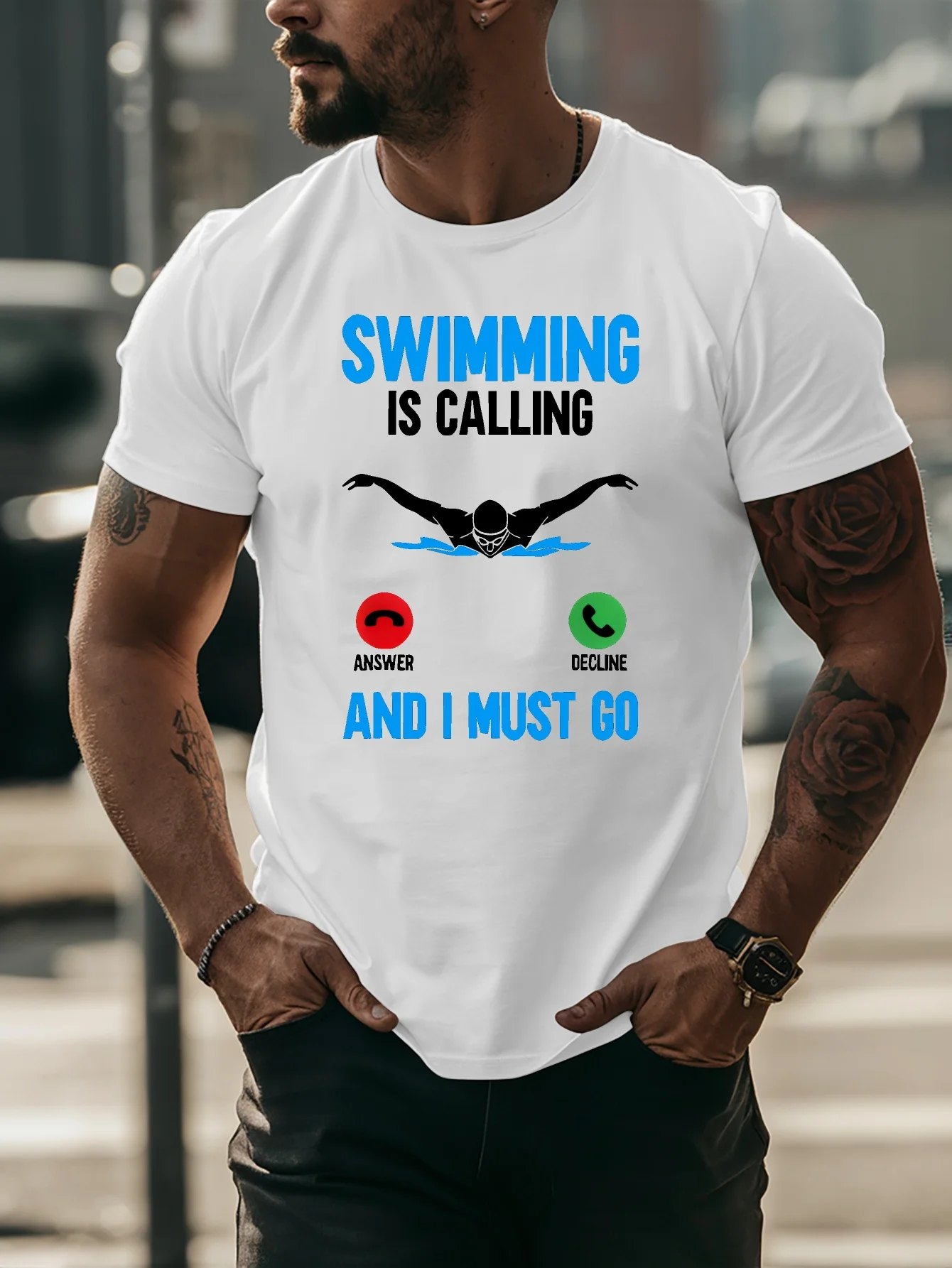 Swimming Is Calling And I Must Go Print Mens T Shirt Funny Swimmer Athlete Short Sleeve Crew Neck Cotton Casual Daily Tee