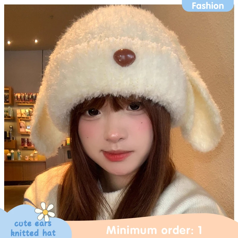 Autumn winter new cute long ear knitted plush hat women outdoor cycling ear protection warm cold-proof all-match pullover hat