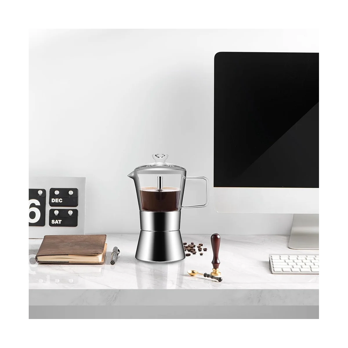 Moka Induction Stovetop Espresso Maker,Glass-Top & Stainless Steel Espresso Moka Pot,Classic Italian Coffee Maker, 240Ml