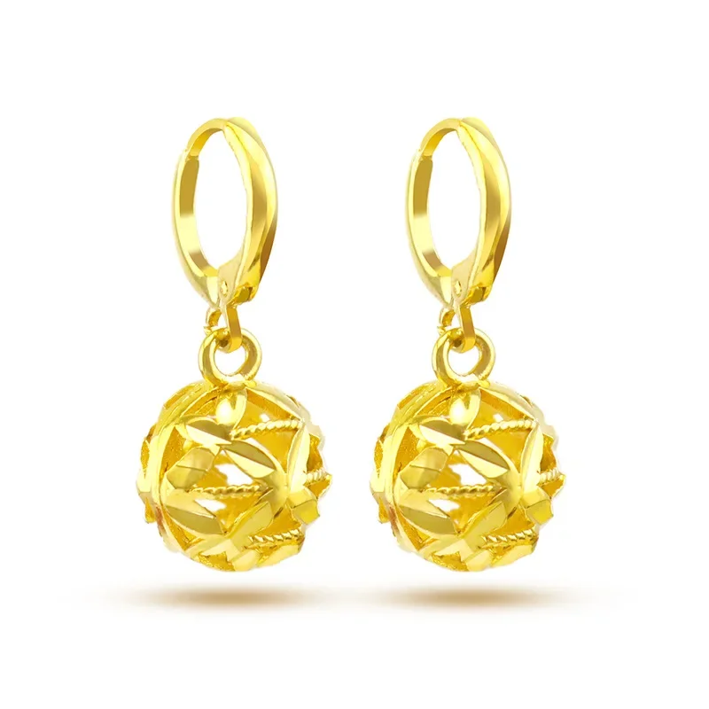 

9999 Real Gold 24K Japanese and Korean Fashion Women's Hydrangea Earrings Real Gold Ethnic Style Hollow Flower Ball Earrings