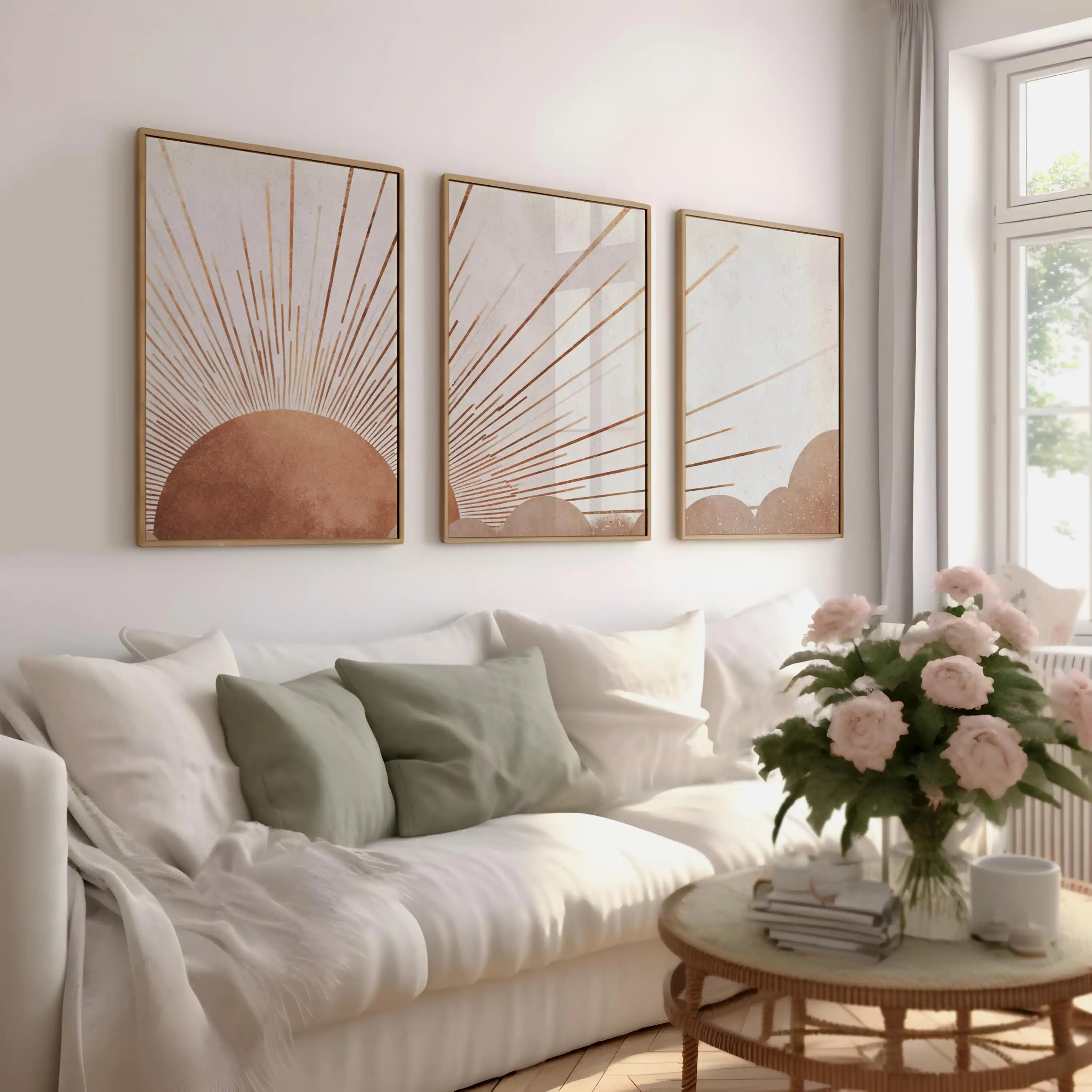 3pcs frameless Canvas Painting Terracotta Sunburst Wall Art Set, Minimalist Boho Abstract Sunrise Canvas Prints, Neutral Mid-Cen