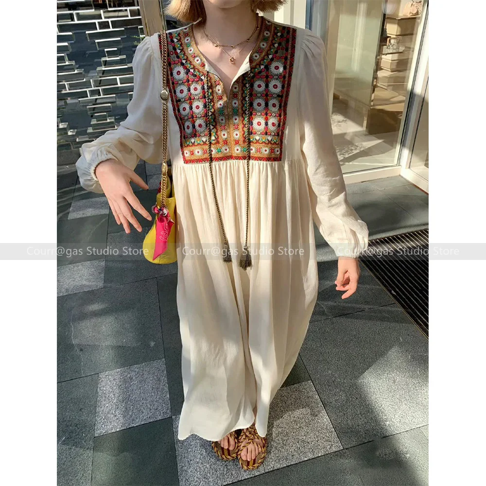 

Vintage ethnic style heavy fine embroidery long-sleeved dress bohemian vacation style long dresses