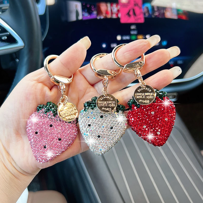 Creative Cute Diamond-Encrusted Fruit Strawberry Car Keychain Women's Bag Pendant Light Luxury Keychain Small Gift