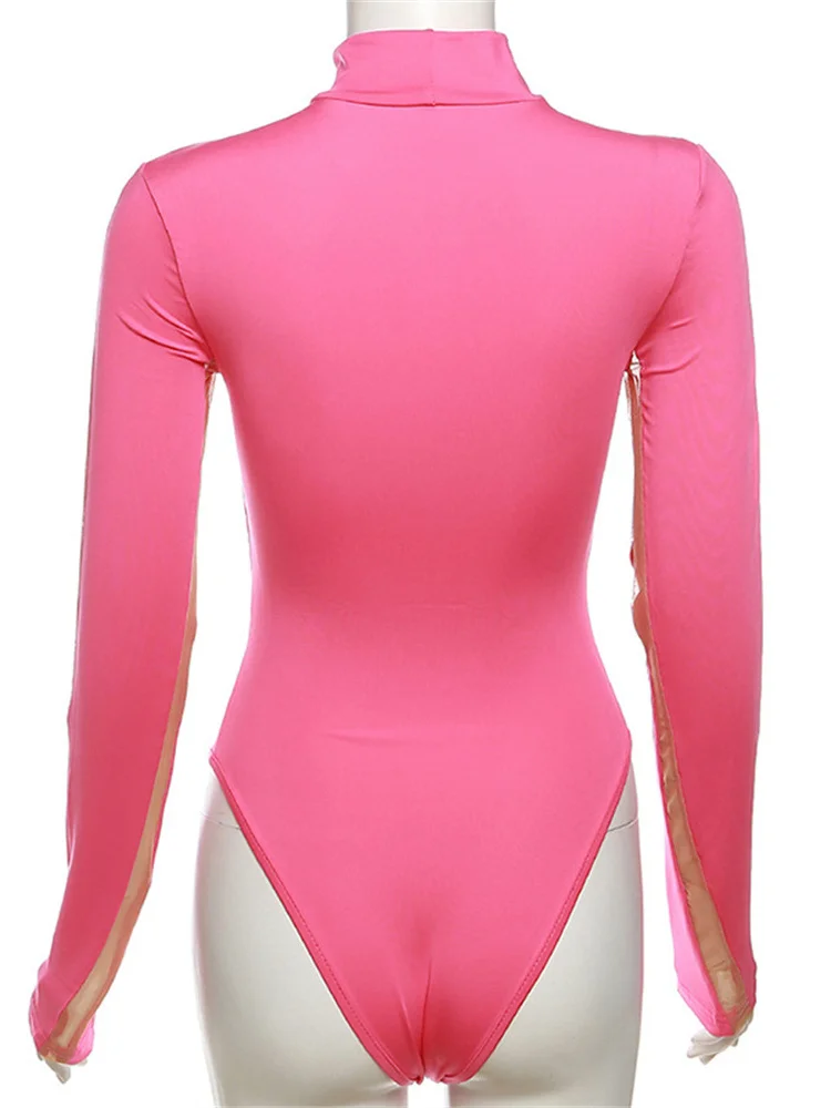 Nibber Patchwork Sexy Mesh Bodysuit Women See Through Long Sleeve Black Elastic Slim Female One Piece Midnight Outfits Clothing