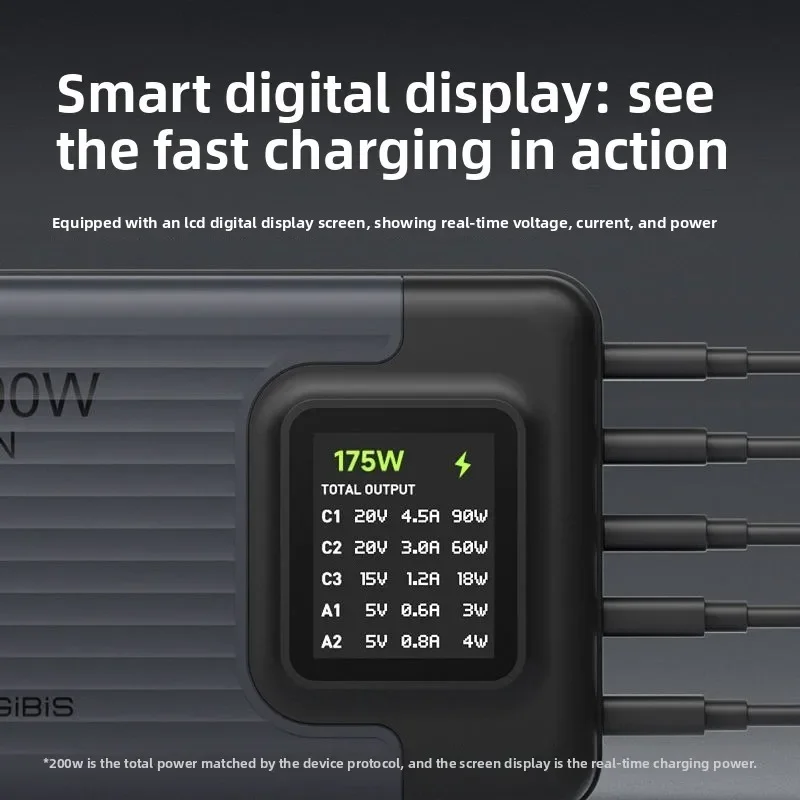 Charger GaN 200W Digital Display Multi-port PD Fast Charging Head Desktop Charging Station