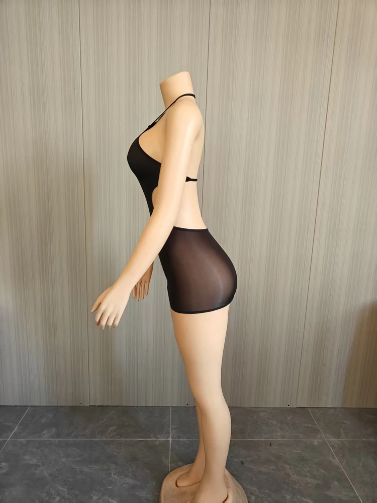 Sexy Neckholder-Minikleid aus Mesh für Damen, seitlich ausgeschnitten, durchsichtig, figurbetont, dehnbar, kurzes Kleid für Nachtclubs, Partys und Ausgehzwecke. – Detail 8