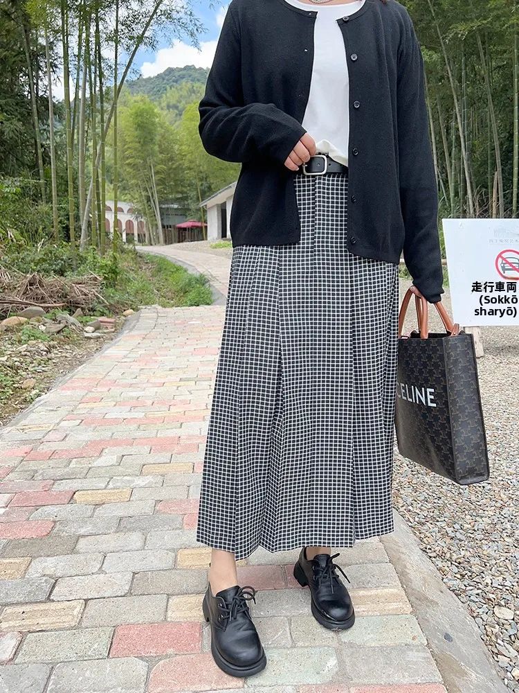 

Vogana High Waist Loose Plaid Original Design Vintage Skirt Korean Style Commute A-Line Midi Skirt for plus Size Women