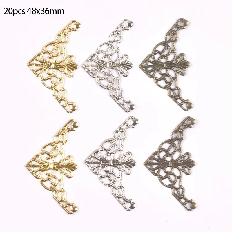 20pcs 3 color Filigree Wraps triangle Connectors Metal Crafts Photo Albums for Corners Protectors 48x26mm YKL0900