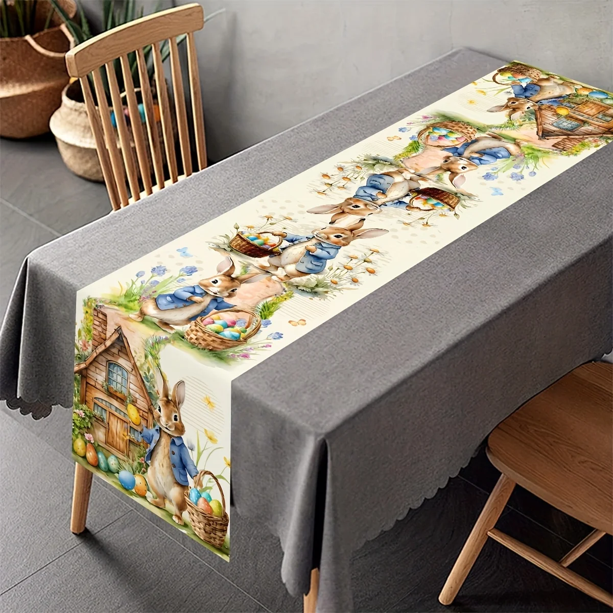 1pc Vintage Easter Table Runner with Bunny Rabbit Eggs Floral Design 33X183CM Polyester Farmhouse Style Easter Table Flag Decor