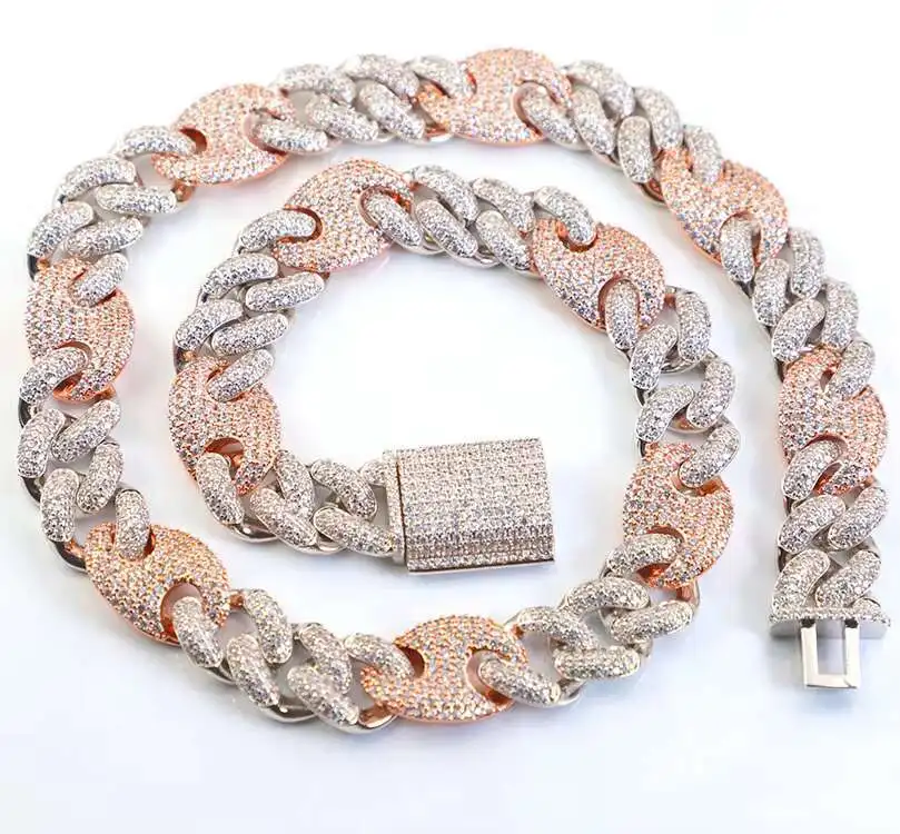 

High Quality Two Tone 15mm VVS Shiny Moissanite 925 Sterling Silver Iced Out Cuban Link Chain for Hiphop Men