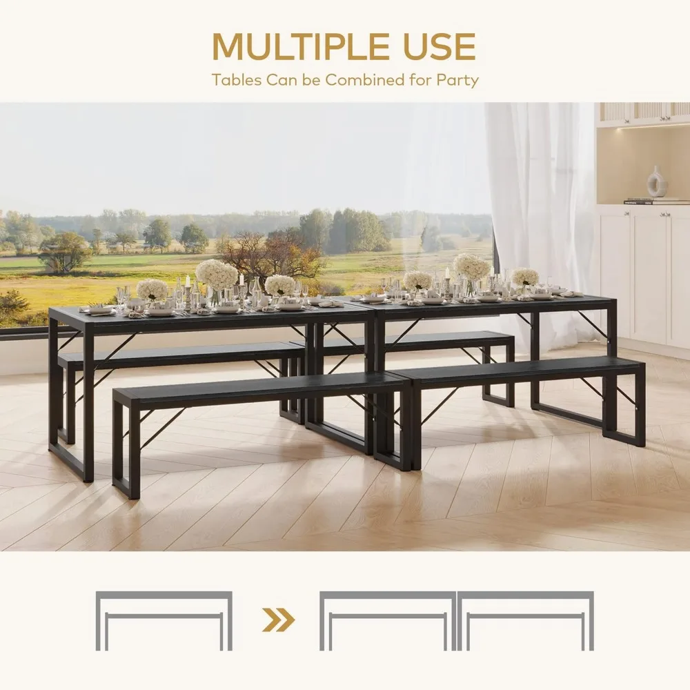 45.5" Dining Table Set for 4 with 2 Benches, Kitchen Table Set with Metal Frame & MDF Board, Space-Saving Dinette for Kit